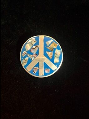 Vintage 60s 70s Silver Peace Sign Pin /  Pendant w Blue Enamel and Abalone Inlay